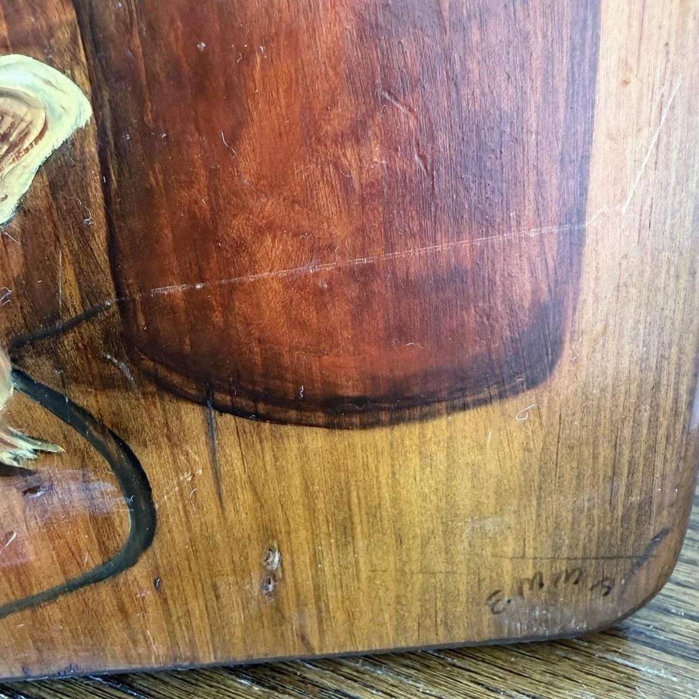 Hand-Painted Wood Large Cutting Board Folk Art Girl & Mouse Vintage 1971 - Picture 4 of 8